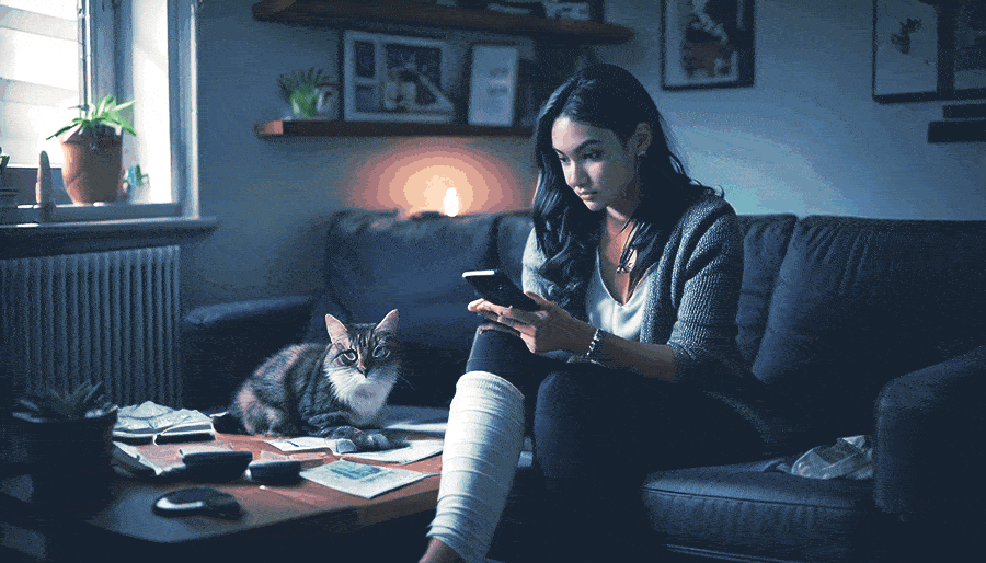 Devastated accident victim looking at her phone calling Quality Family Benefits